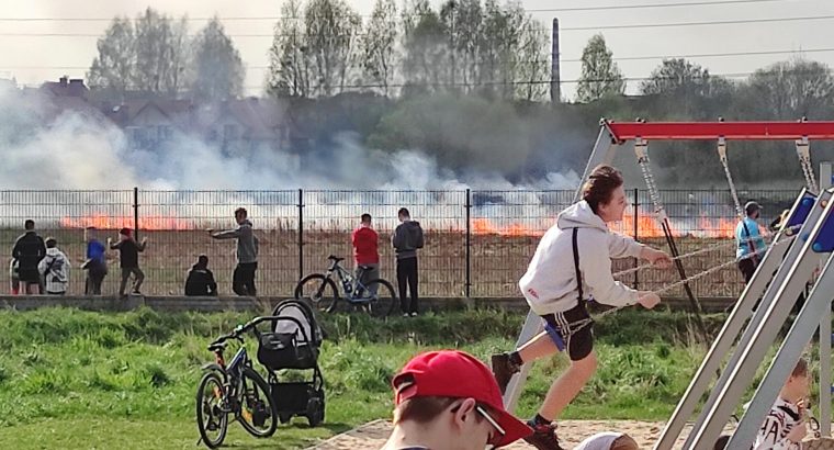 Białystok. Strażacy gasili pożar łąki na osiedlu Dziesięciny II