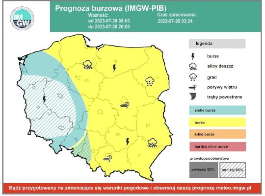 IMGW ostrzega przed burzami z gradem w 12 województwach