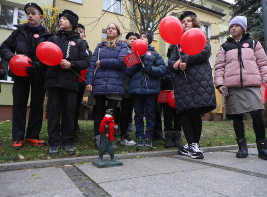 Białystok. Figurki niedźwiadków i miejskie rzeźby z czerwonymi szaliczkami w ramach akcji „Dzieciństwo bez przemocy”